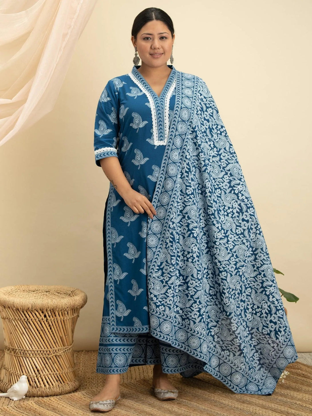 Plus Size Blue Printed Cotton Suit Set - Jashvi