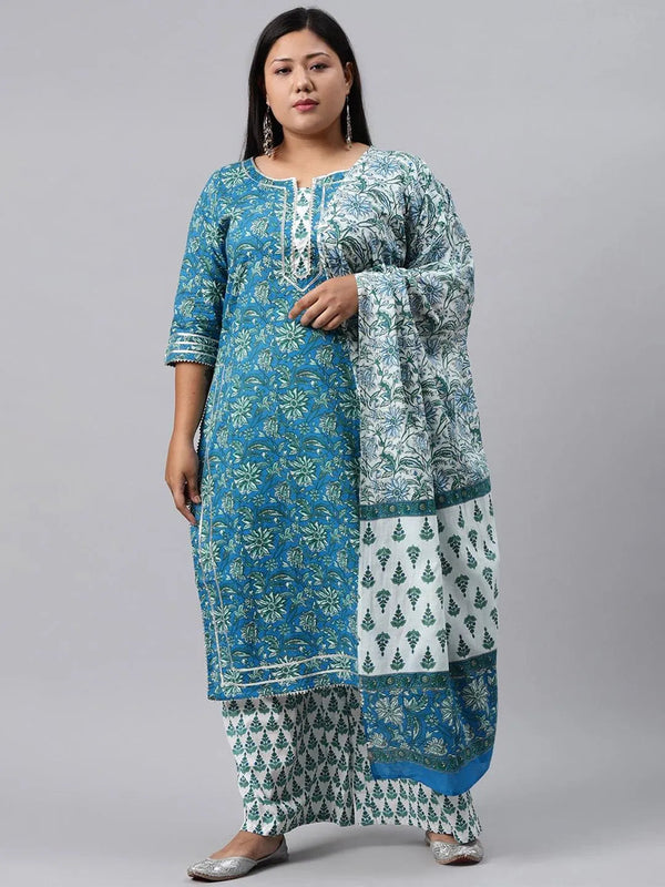 Plus Size Blue Printed Cotton Suit Set - Jashvi