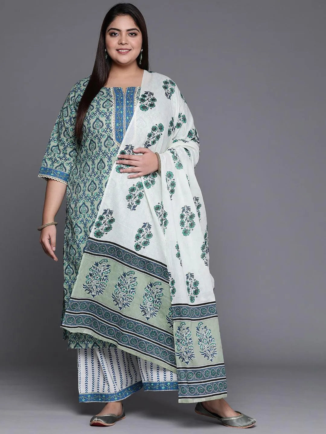 Plus Size Blue Printed Cotton Suit Set - Jashvi