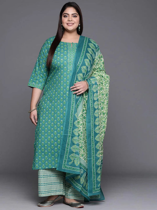 Plus Size Blue Printed Cotton Suit Set - Jashvi