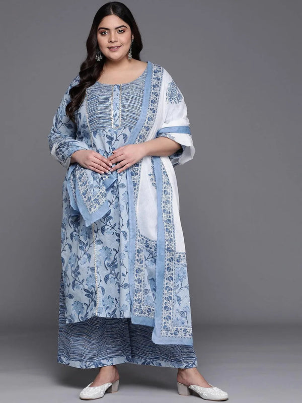 Plus Size Blue Printed Cotton Suit Set - Jashvi