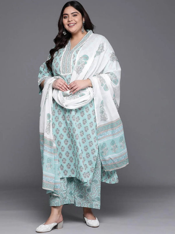 Plus Size Blue Printed Cotton Suit Set - Jashvi