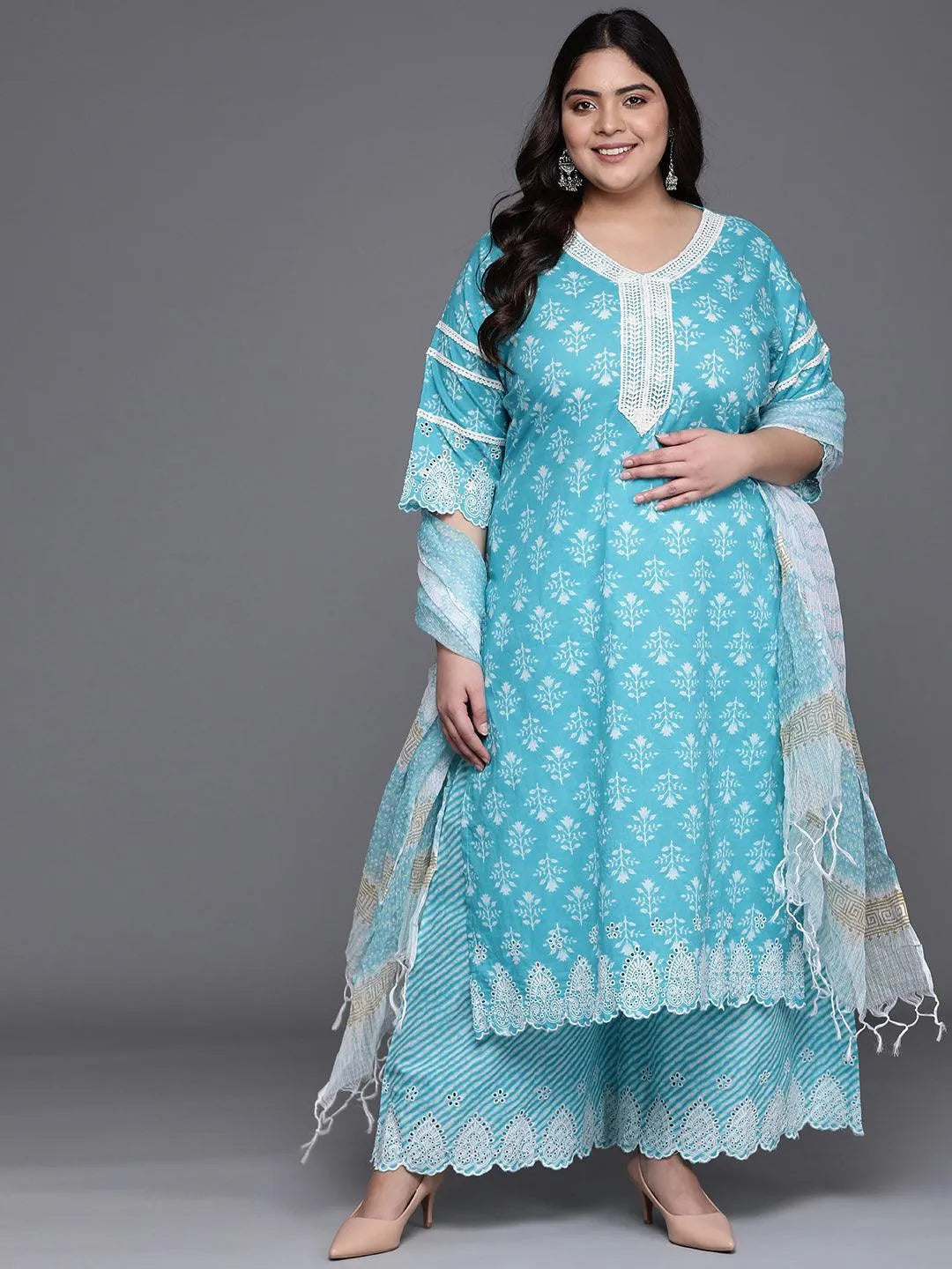 Plus Size Blue Printed Cotton Suit Set - Jashvi