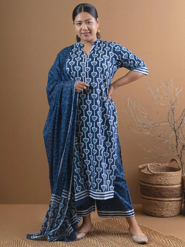 Plus Size Blue Printed Cotton Straight Suit Set - Jashvi