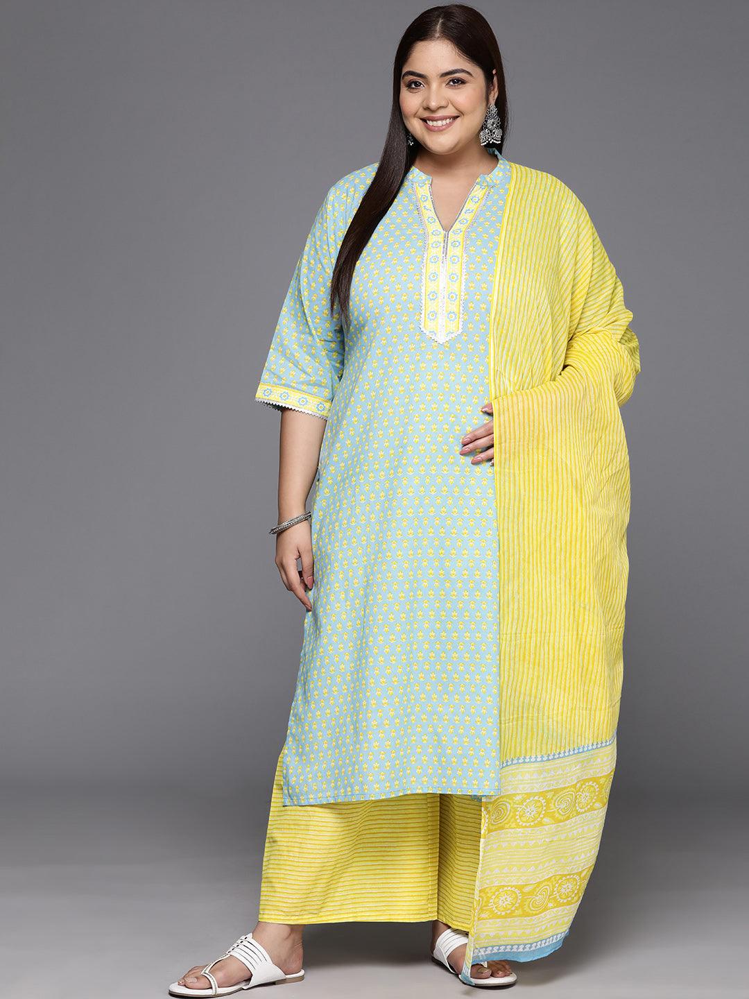 Plus Size Blue Printed Cotton Straight Kurta With Palazzos & Dupatta - Jashvi