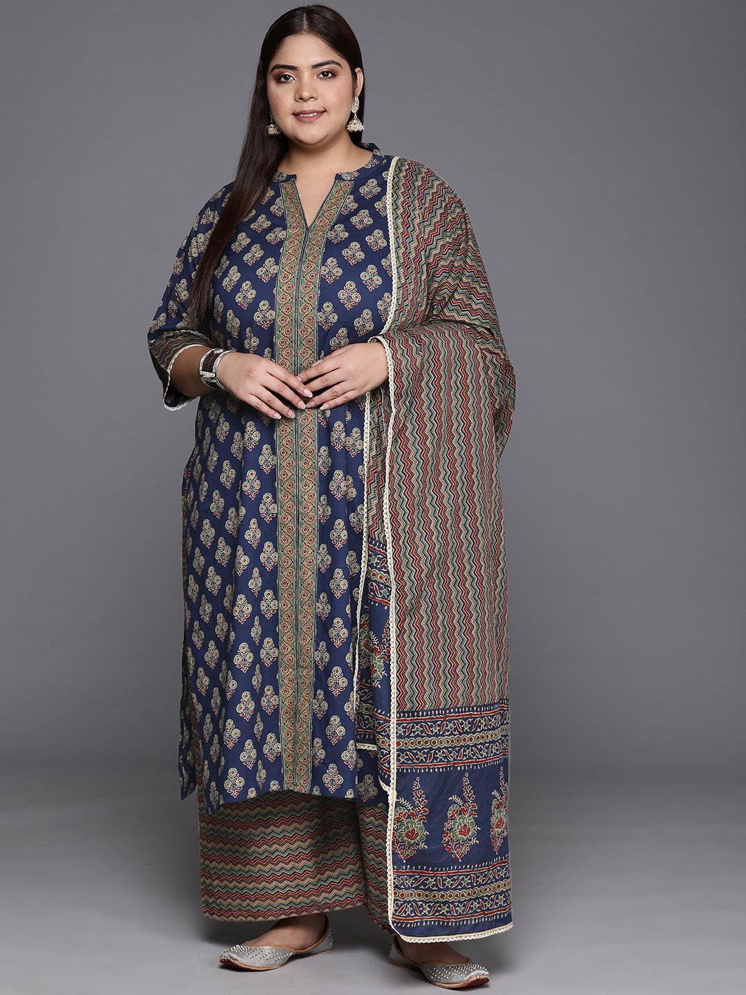 Plus Size Blue Printed Cotton Straight Kurta With Palazzos & Dupatta - Jashvi