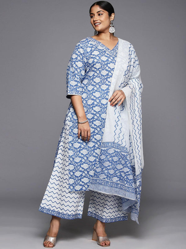 Plus Size Blue Printed Cotton Straight Kurta With Palazzos & Dupatta - Jashvi