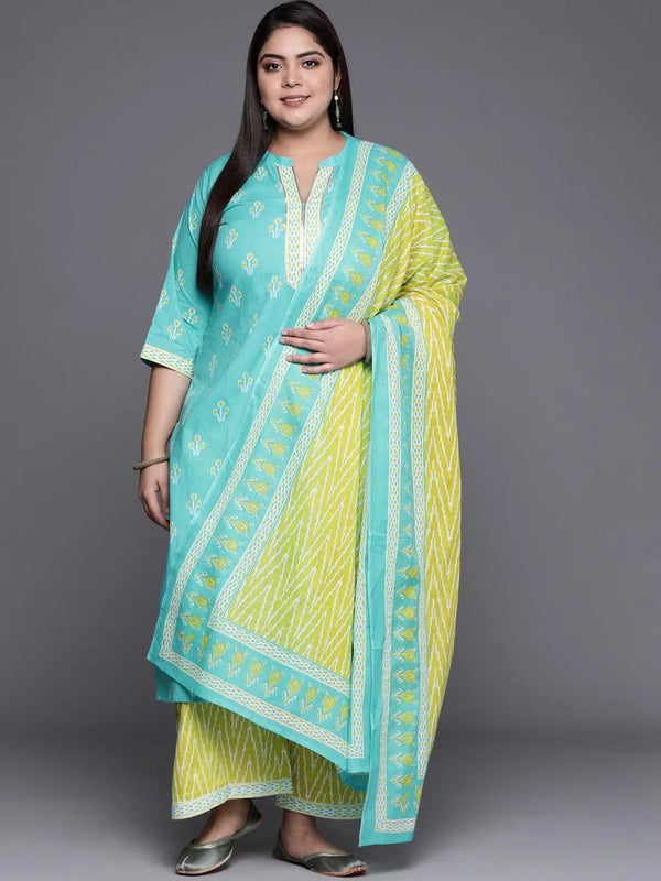 Plus Size Blue Printed Cotton Suit Set - Jashvi