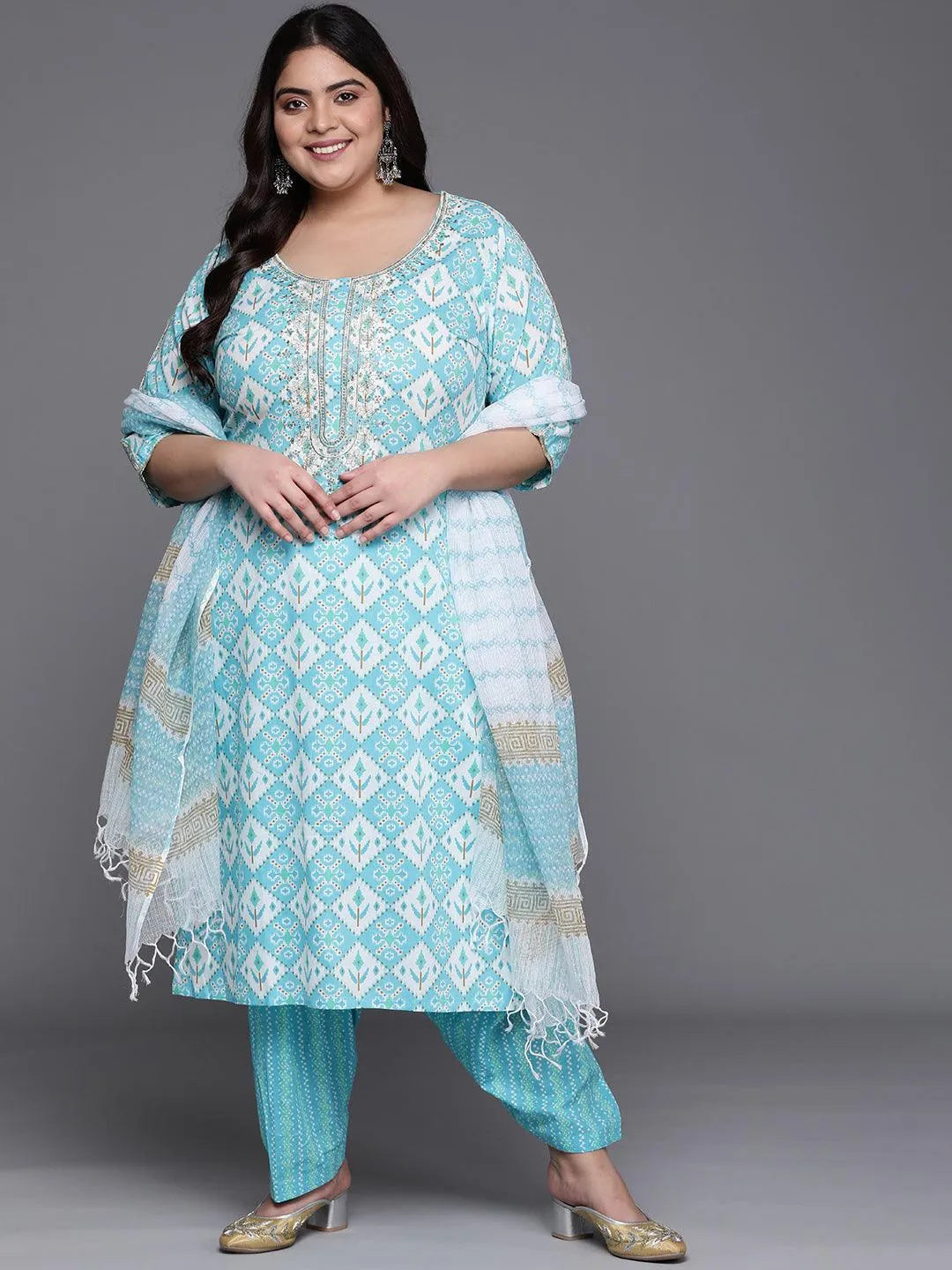 Plus Size Blue Printed Cotton Suit Set - Jashvi