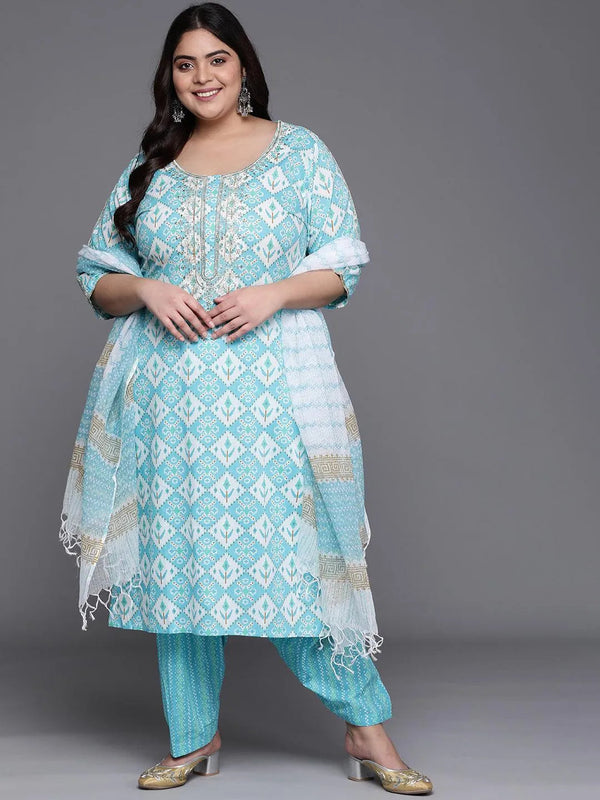 Plus Size Blue Printed Cotton Suit Set - Jashvi