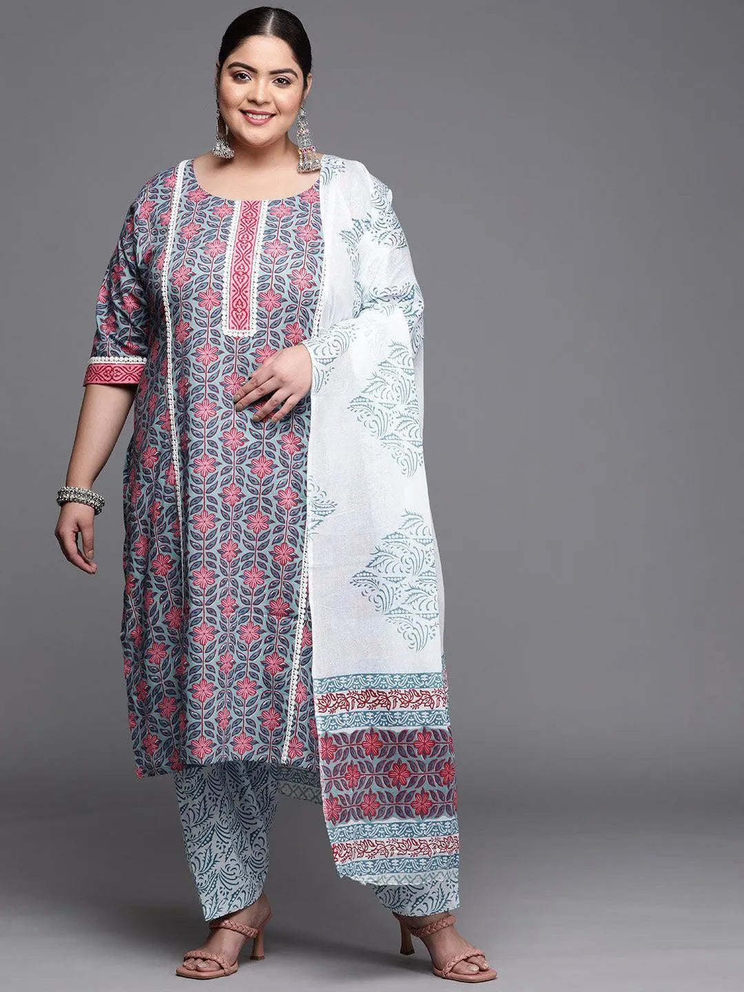 Plus Size Blue Printed Cotton Suit Set - Jashvi