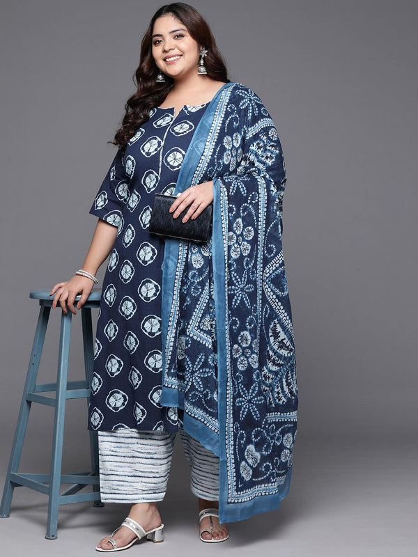 Plus Size Blue Printed Cotton Straight Kurta With Salwar Dupatta - Jashvi