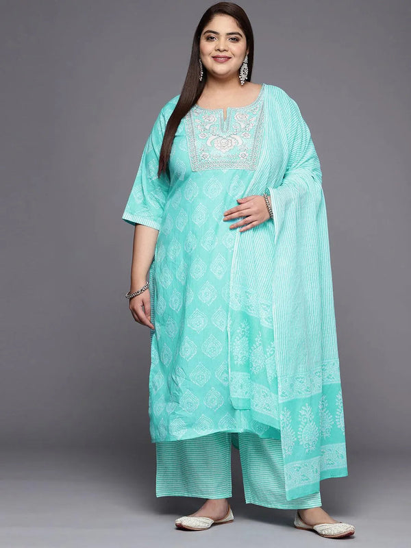 Plus Size Blue Yoke Design Cotton Straight Suit Set - Jashvi