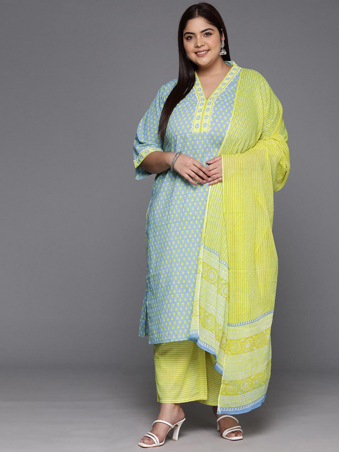 Plus Size Blue Printed Cotton Straight Kurta With Trousers & Dupatta - Jashvi