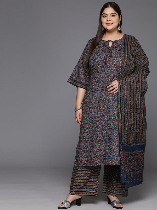 Plus Size Blue Printed Cotton Straight Kurta With Trousers & Dupatta - Jashvi