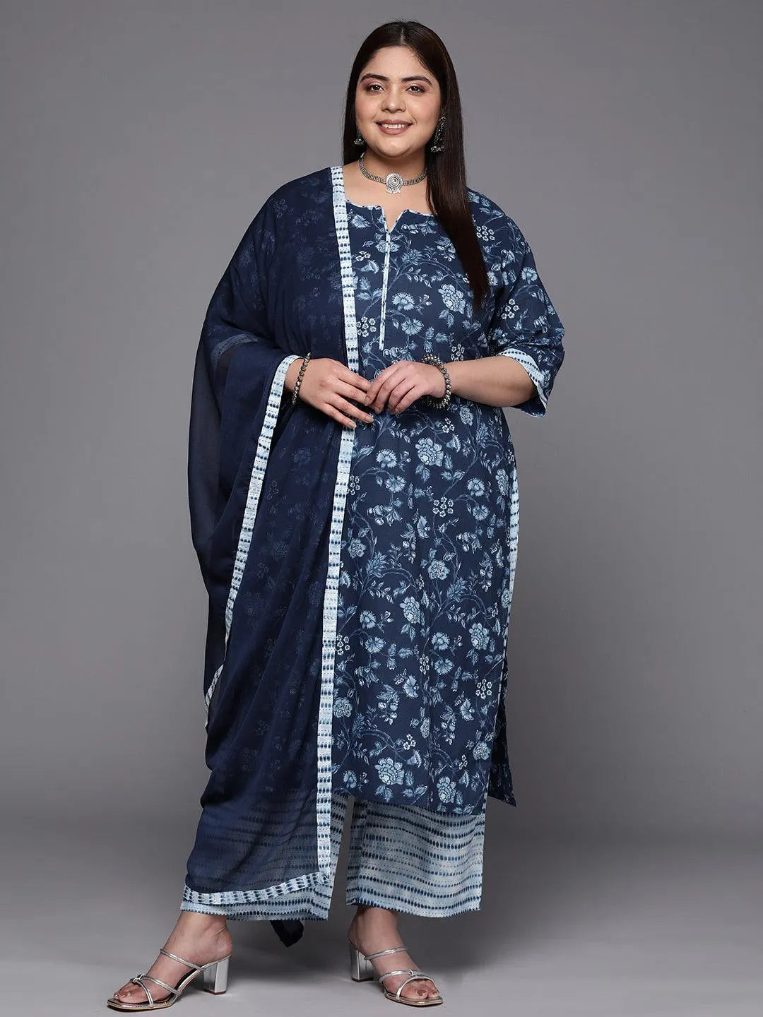 Plus Size Blue Printed Cotton Suit Set With Trousers - Jashvi