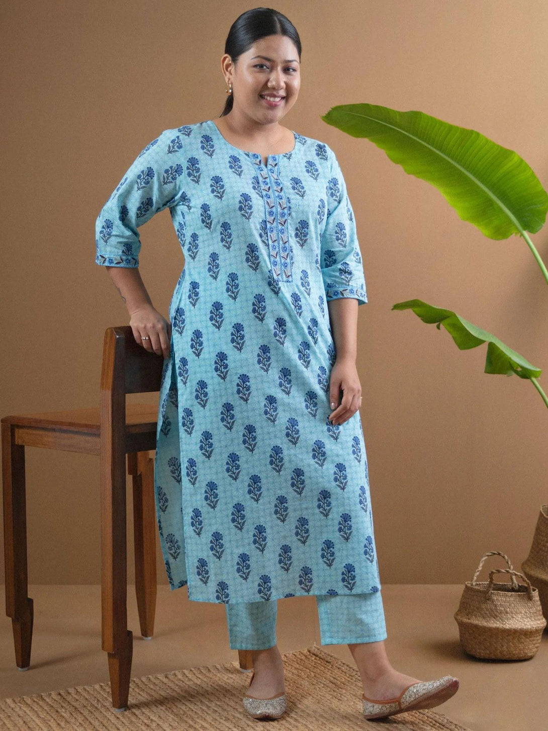 Plus Size Blue Printed Cotton Kurta Set - Jashvi