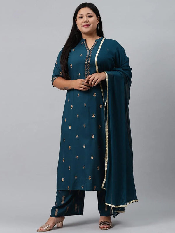 Plus Size Blue Printed Rayon Suit Set - Jashvi