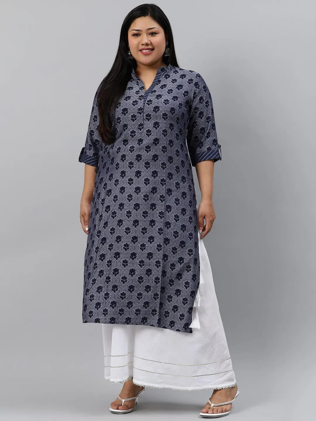 Plus Size Blue Printed Rayon Kurta - Jashvi