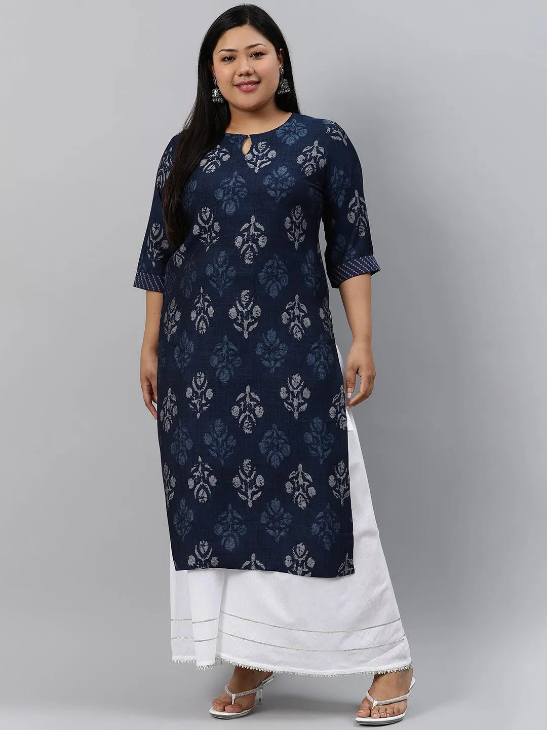 Plus Size Blue Printed Rayon Kurta - Jashvi