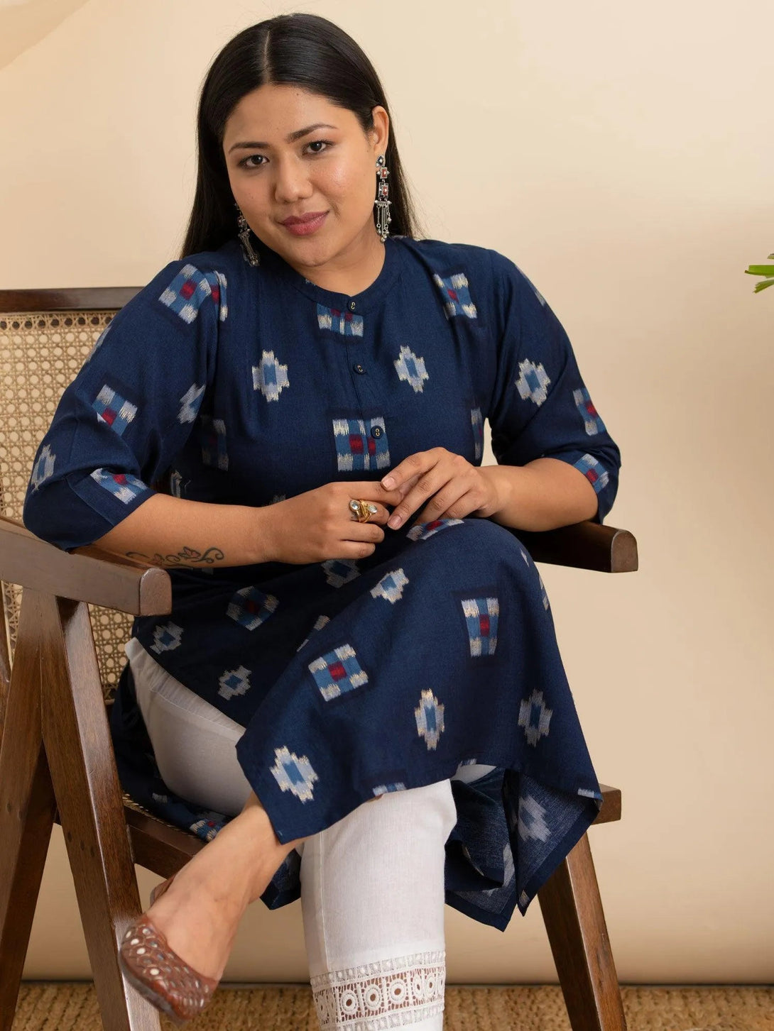 Plus Size Blue Printed Rayon Kurta - Jashvi