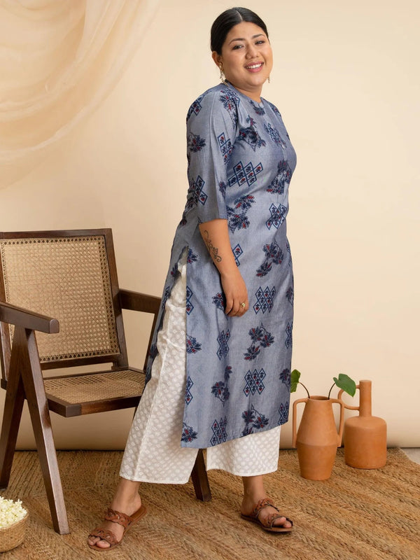 Plus Size Blue Printed Rayon Kurta - Jashvi