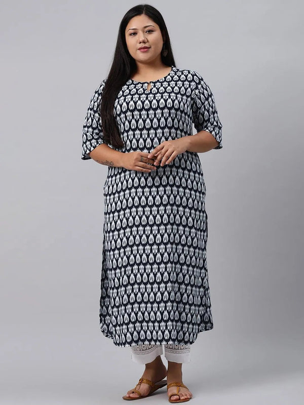 Plus Size Blue Printed Rayon Kurta - Jashvi