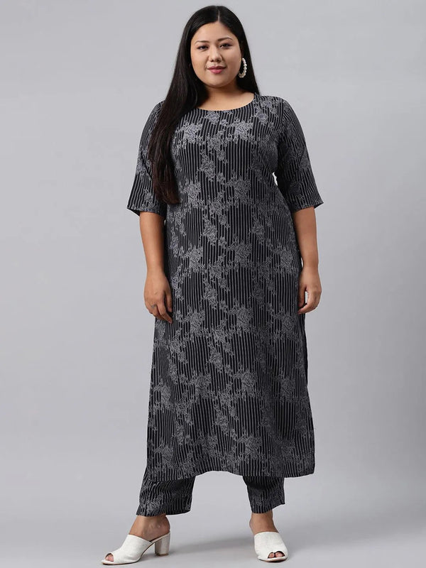 Plus Size Blue Printed Rayon Kurta - Jashvi