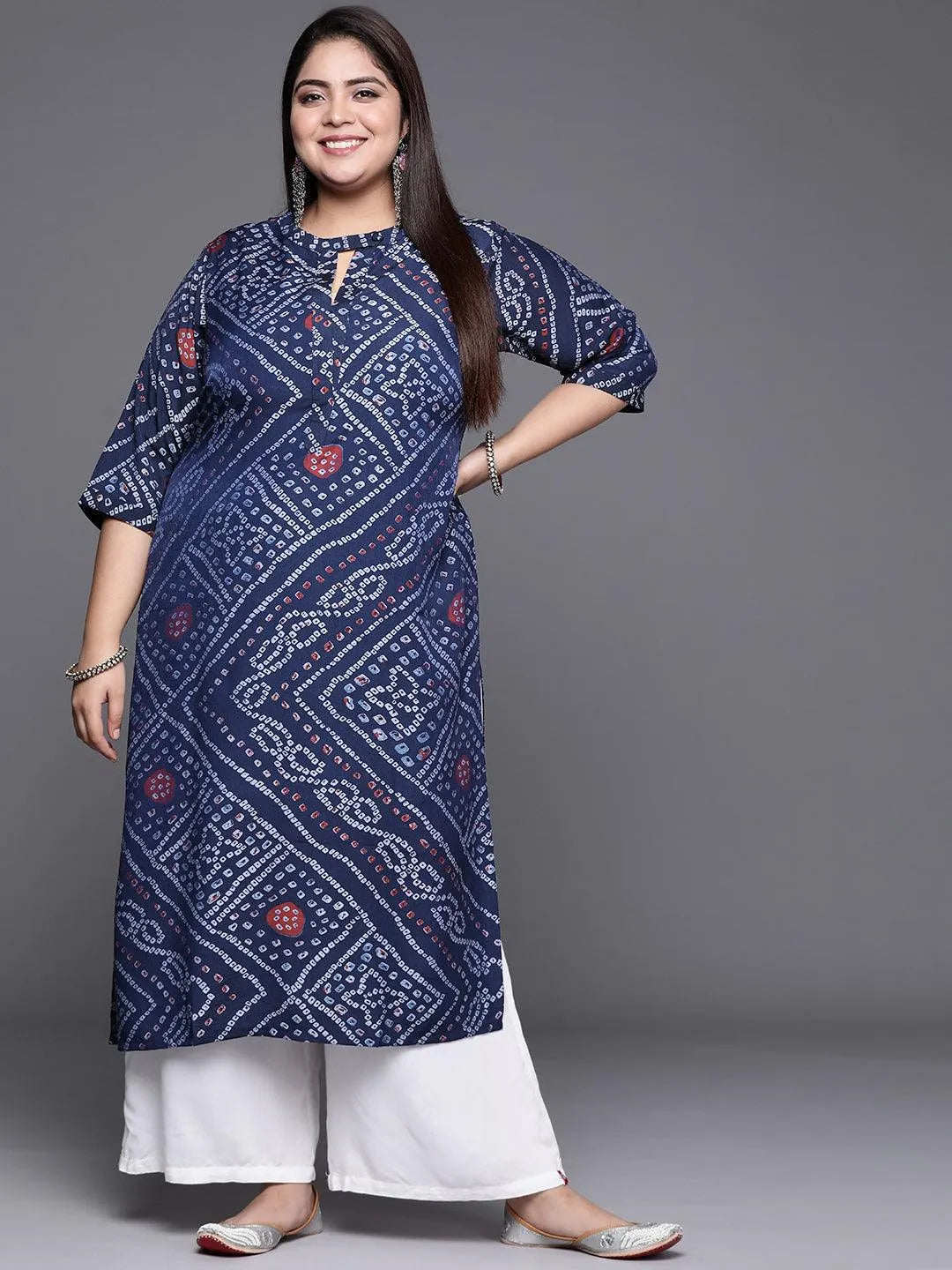 Plus Size Blue Printed Rayon Kurta - Jashvi