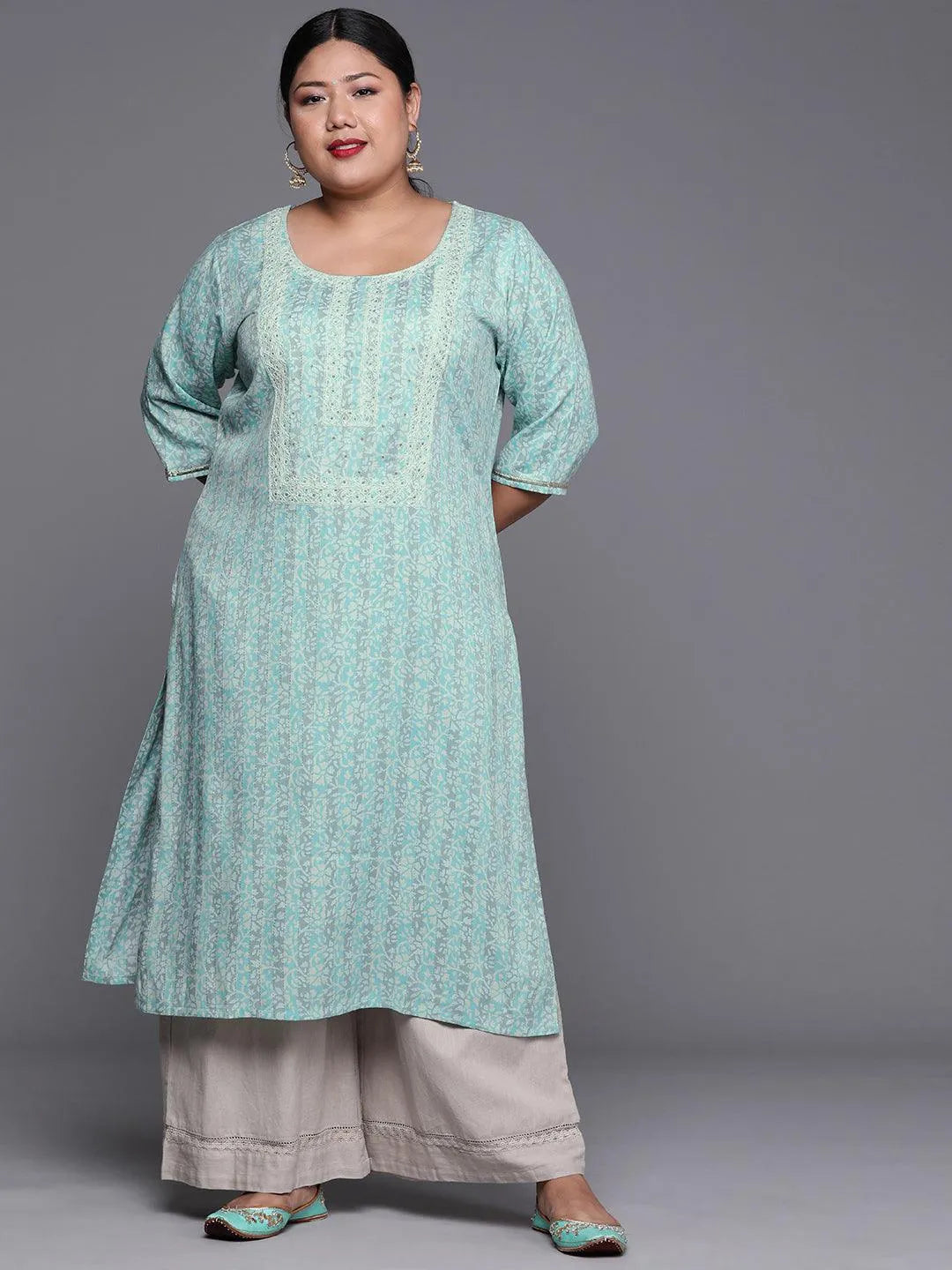 Plus Size Blue Yoke Design Rayon Kurta - Jashvi