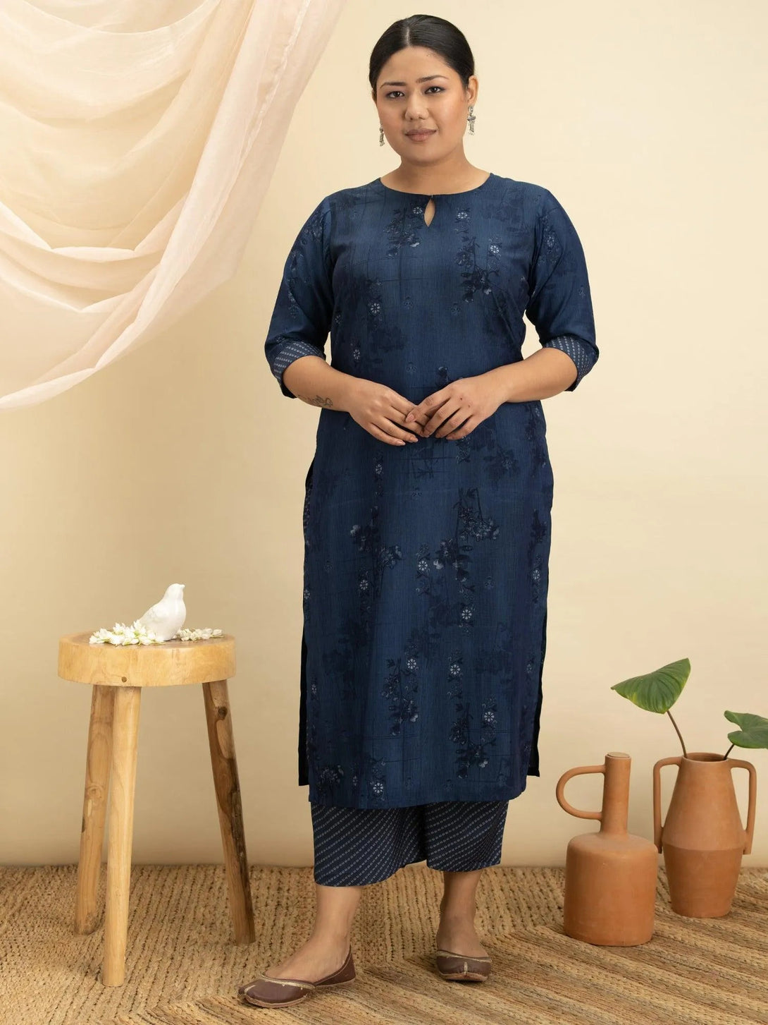 Plus Size Blue Printed Rayon Kurta Set - Jashvi