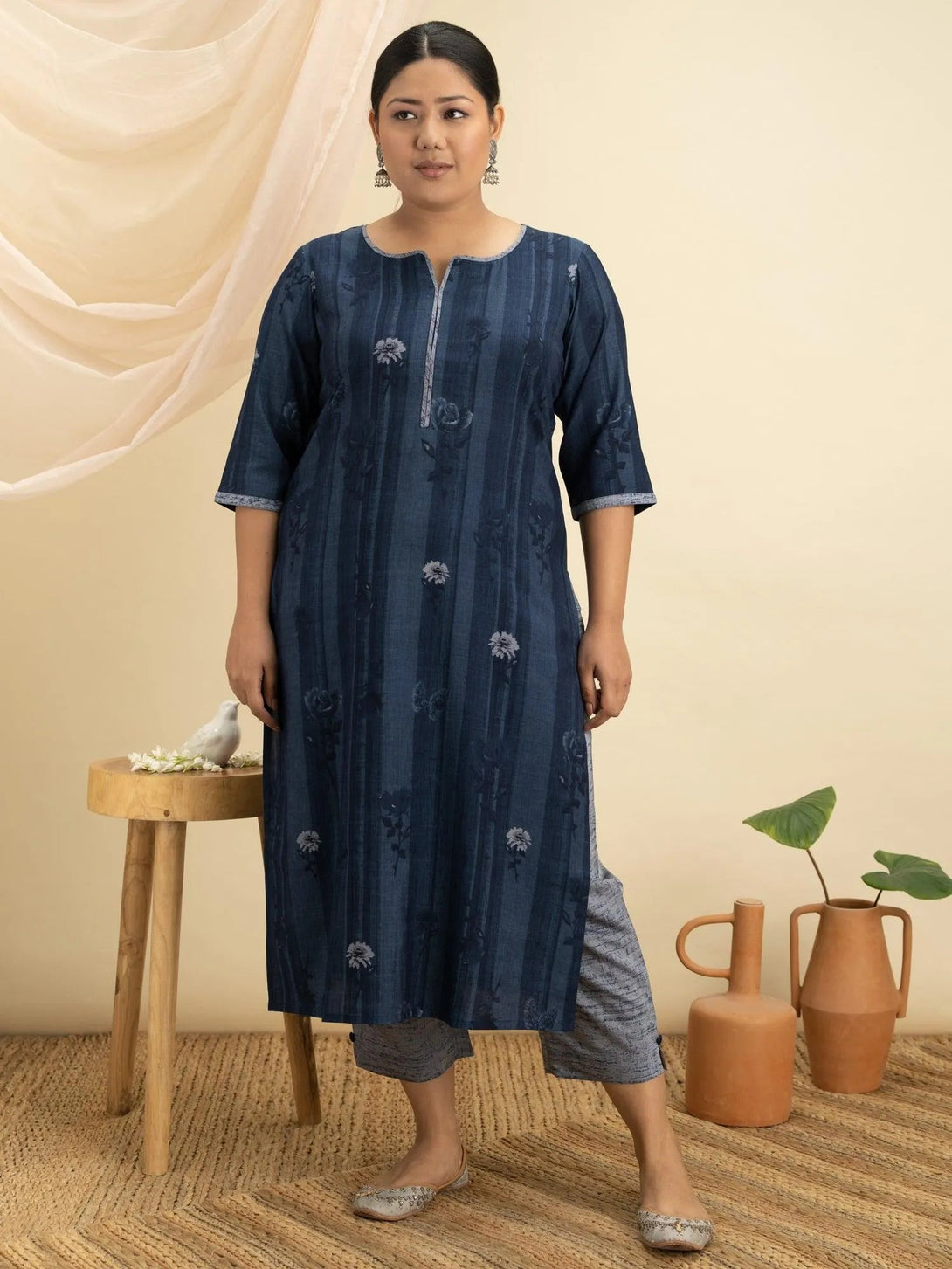 Plus Size Blue Printed Rayon Kurta Set - Jashvi