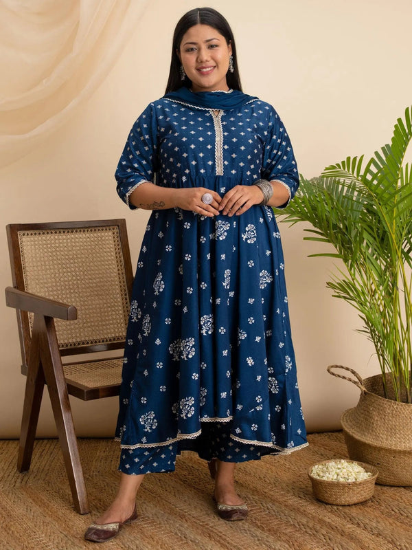 Plus Size Blue Printed Silk Suit Set - Jashvi