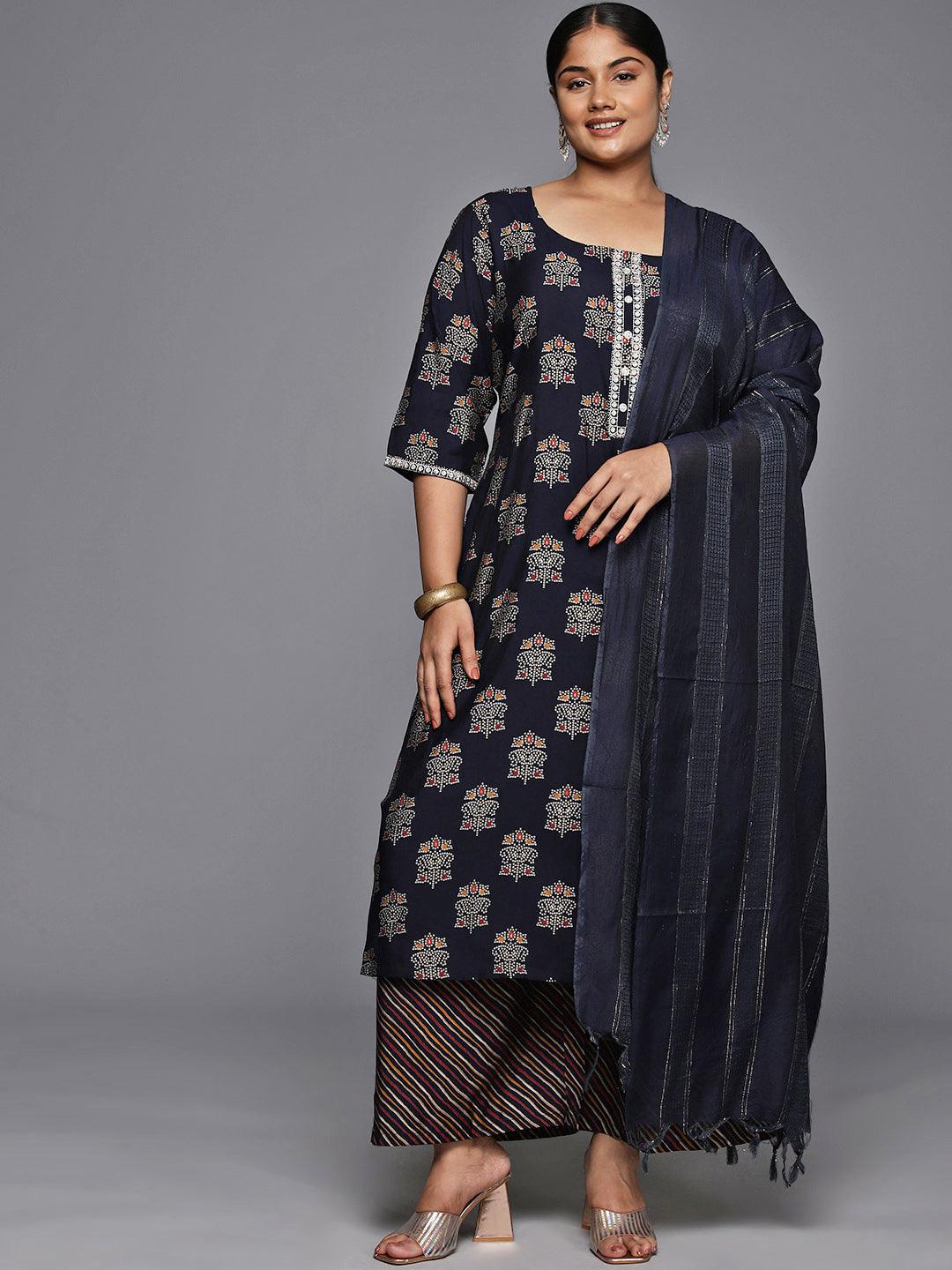 Plus Size Blue Printed Silk Blend Straight Kurta With Palazzos & Dupatta - Jashvi