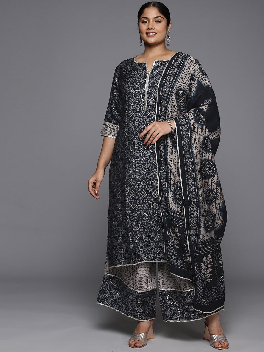 Plus Size Blue Printed Silk Blend Straight Kurta With Palazzos & Dupatta - Jashvi