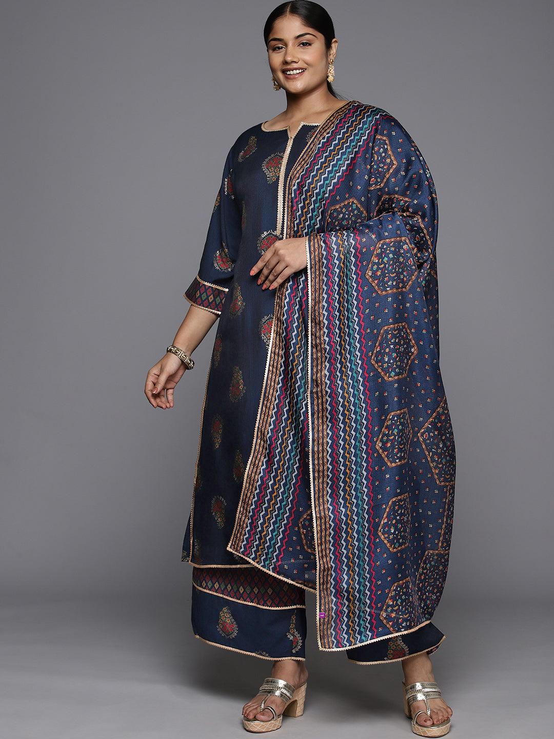 Plus Size Blue Printed Silk Blend Straight Kurta With Palazzos & Dupatta - Jashvi