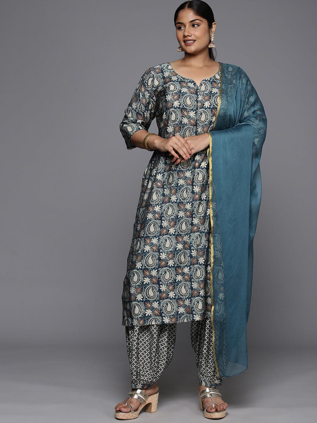 Plus Size Blue Printed Silk Blend Straight Kurta With Salwar & Dupatta - Jashvi