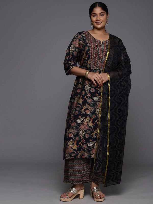 Plus Size Blue Printed Silk Blend Straight Kurta With Trousers & Dupatta - Jashvi