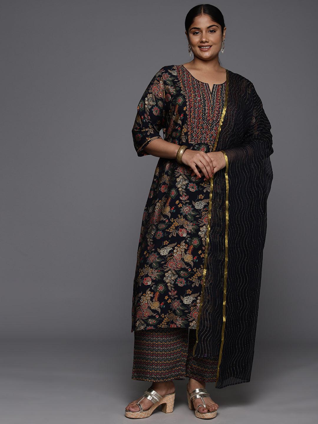 Plus Size Blue Printed Silk Blend Straight Kurta With Trousers & Dupatta - Jashvi