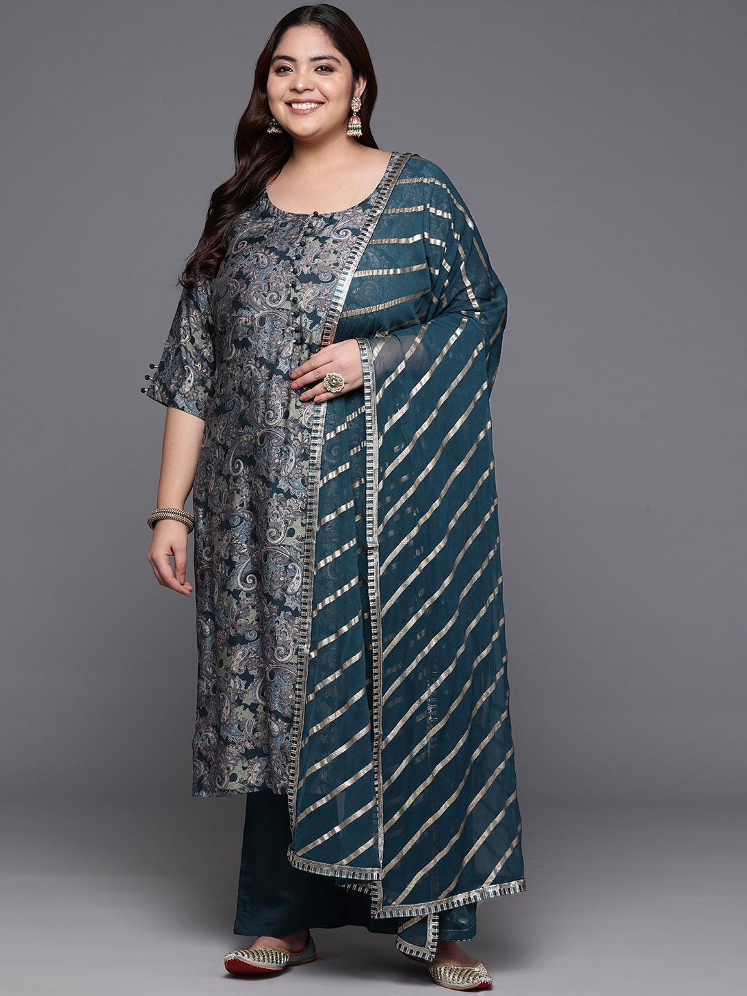 Plus Size Blue Printed Silk Blend Straight Kurta With Trousers & Dupatta - Jashvi