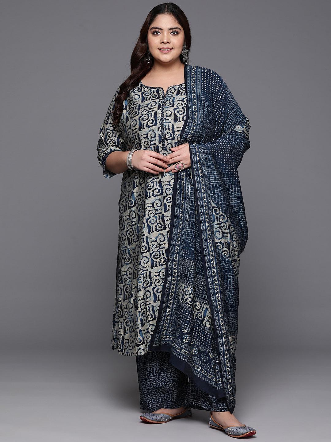 Plus Size Blue Printed Silk Blend Straight Kurta With Trousers & Dupatta - Jashvi