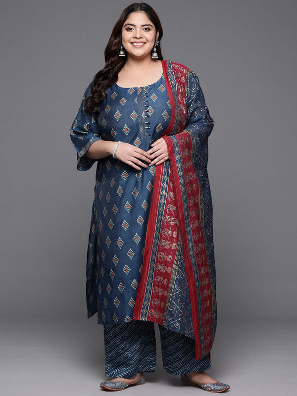 Plus Size Blue Printed Silk Blend Straight Kurta With Trousers & Dupatta - Jashvi