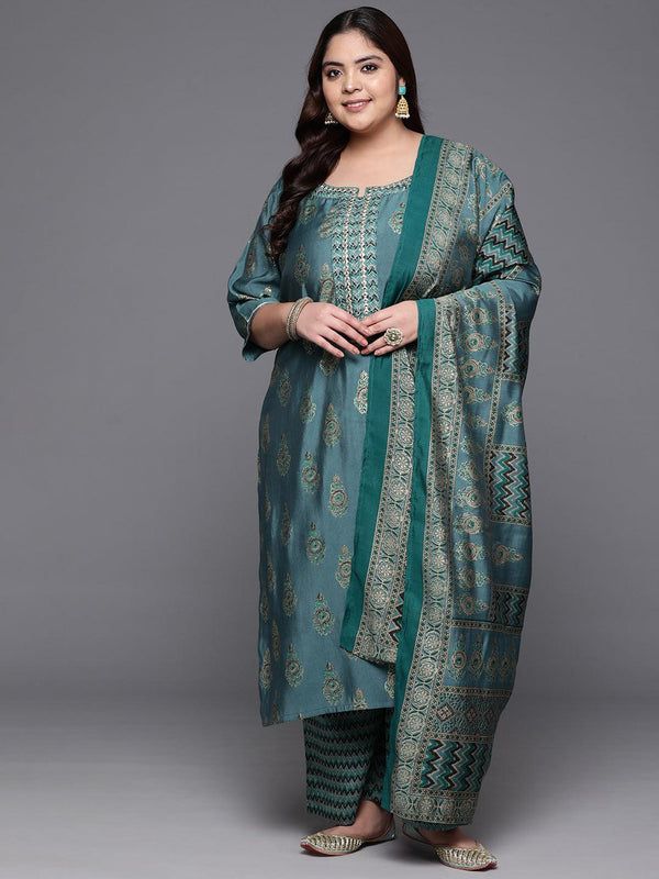 Plus Size Blue Printed Silk Blend Straight Kurta With Trousers & Dupatta - Jashvi