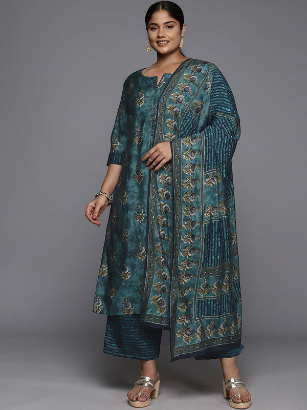 Plus Size Blue Printed Silk Blend Straight Kurta With Trousers & Dupatta - Jashvi