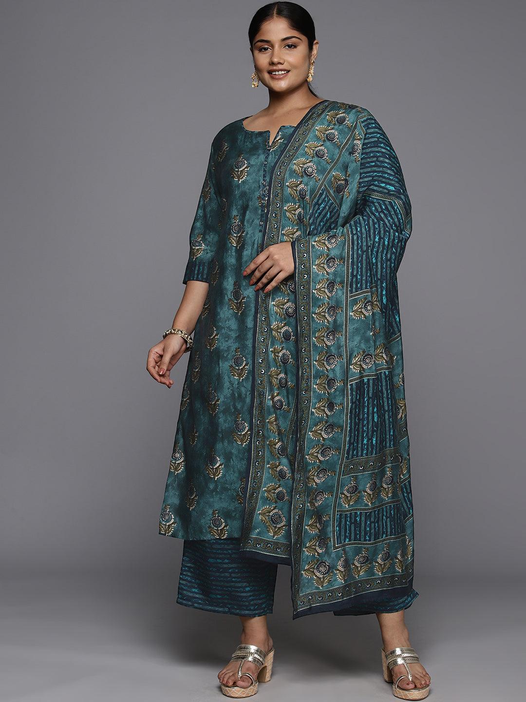 Plus Size Blue Printed Silk Blend Straight Kurta With Trousers & Dupatta - Jashvi