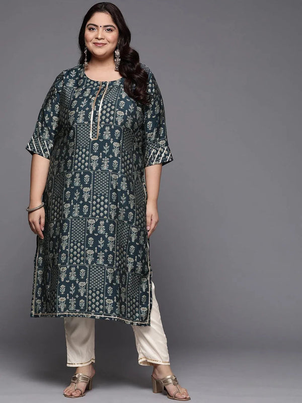 Plus Size Blue Printed Silk Straight Kurta - Jashvi