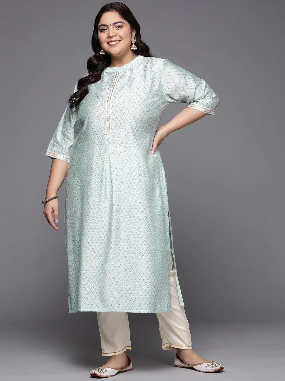 Plus Size Blue Printed Silk Straight Kurta - Jashvi