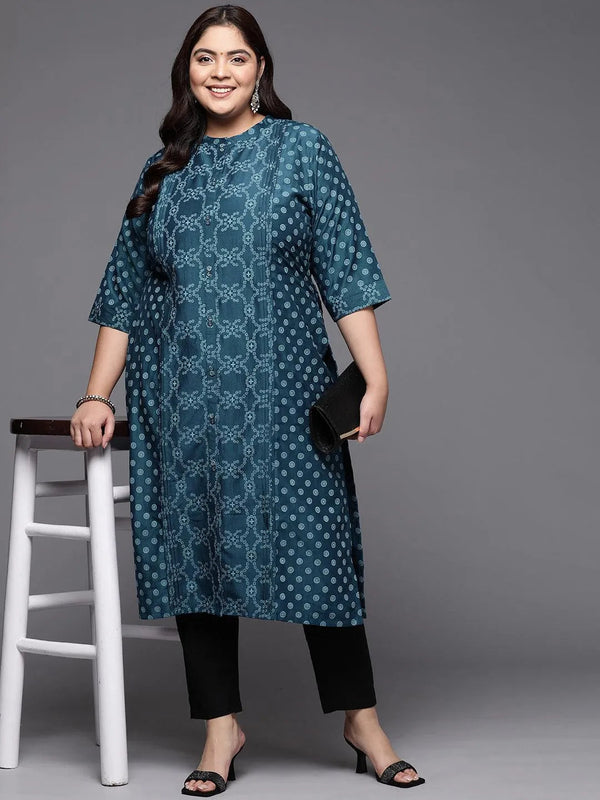 Plus Size Blue Printed Silk Straight Kurta - Jashvi