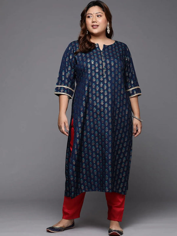 Plus Size Blue Printed Silk Straight Kurta - Jashvi