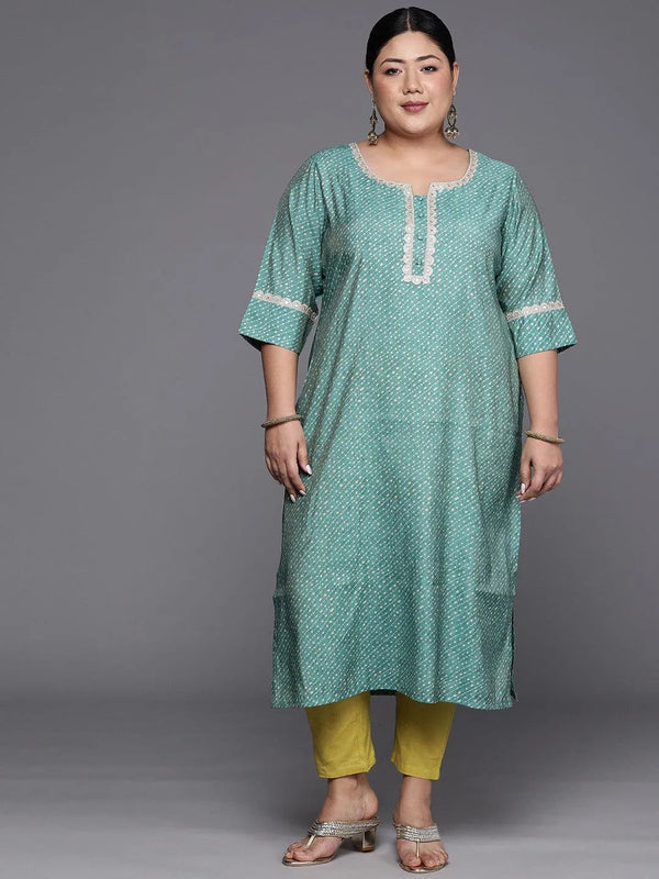 Plus Size Blue Printed Silk Straight Kurta - Jashvi